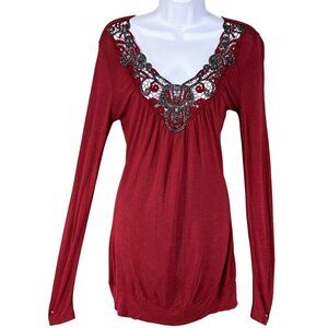 Vanity Women M Red Long Sleeve Top Stretch Black Lace Neckline Embellished Tunic